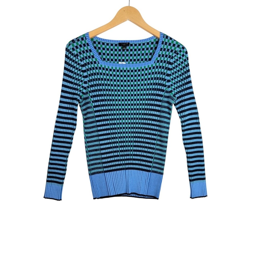 New Talbots Square Neck Ribbed Plaited Stripe Long Sleeve size Large Petite Blue